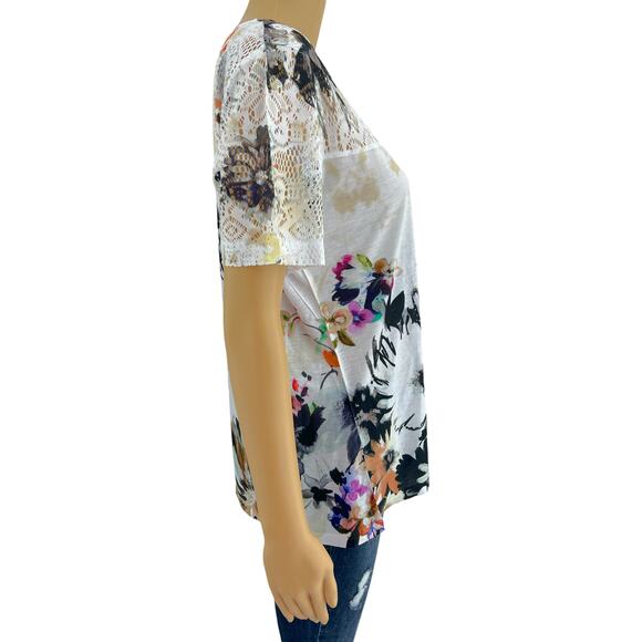 Essentials by Milano (L) White Multi Floral Doily Lace Short Sleeve Tee Shirt - Picture 3 of 7